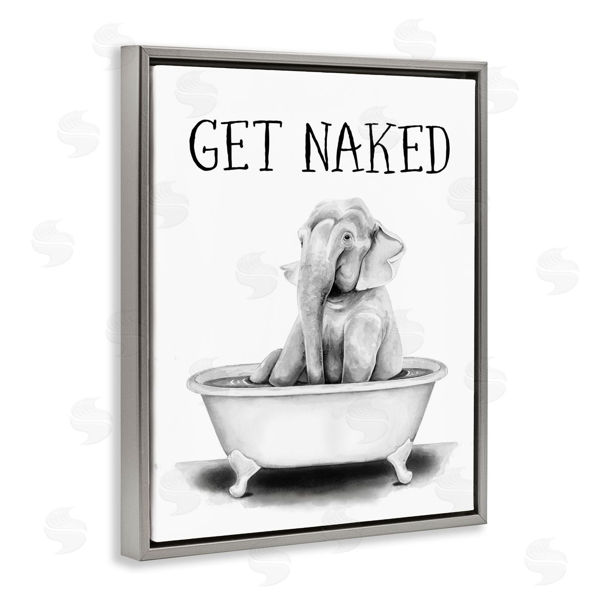 Elephant Bathroom Get Naked Grey Floating Frame Canvas Wall Art, Home Decor by Rachel Nieman