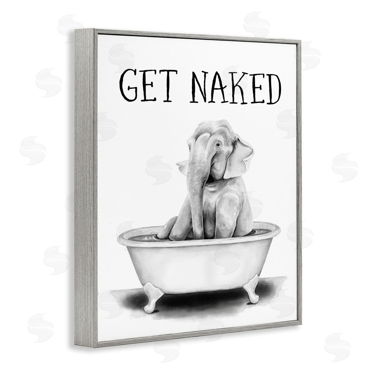 Elephant Bathroom Get Naked Grey Frame Print Wall Art, Home Decor by Rachel Nieman