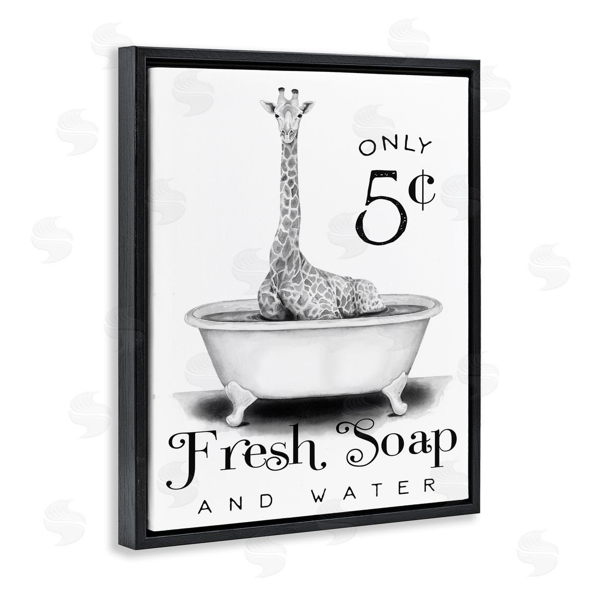 Giraffe Bathtub Fresh Soap Black Floating Frame Canvas Wall Art, Home Decor by Rachel Nieman