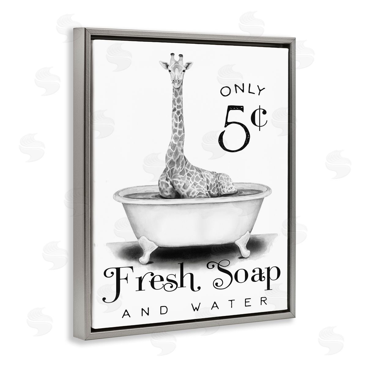 Giraffe Bathtub Fresh Soap Grey Floating Frame Canvas Wall Art, Home Decor by Rachel Nieman