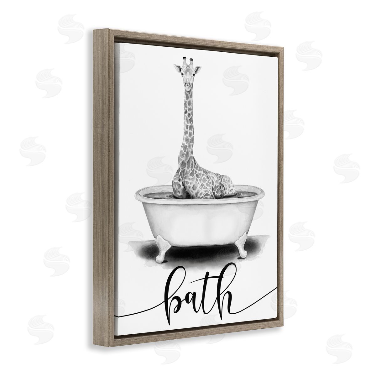 Giraffe Bathtub with Bath Text Brown Floating Frame Canvas Wall Art, Home Decor by Rachel Nieman