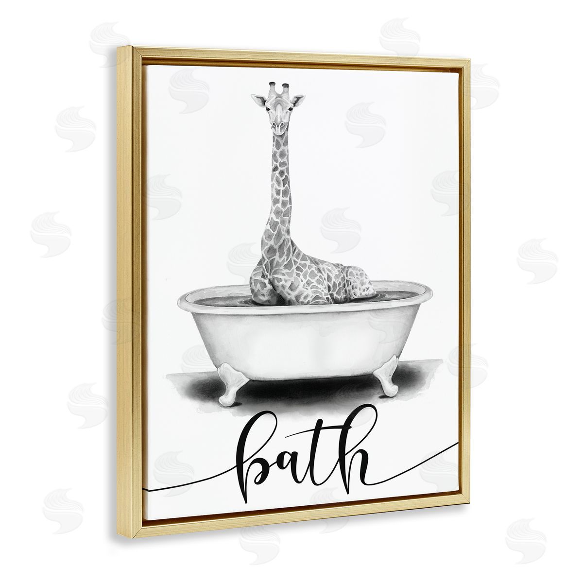 Giraffe Bathtub with Bath Text Gold Floating Frame Canvas Wall Art, Home Decor by Rachel Nieman