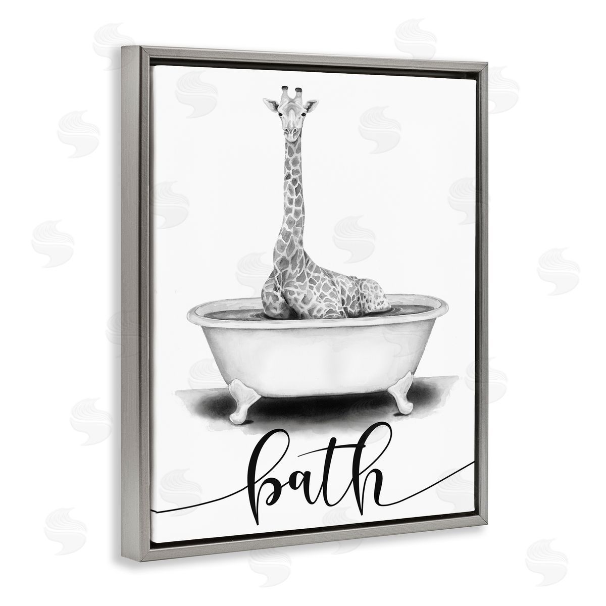 Giraffe Bathtub with Bath Text Grey Floating Frame Canvas Wall Art, Home Decor by Rachel Nieman