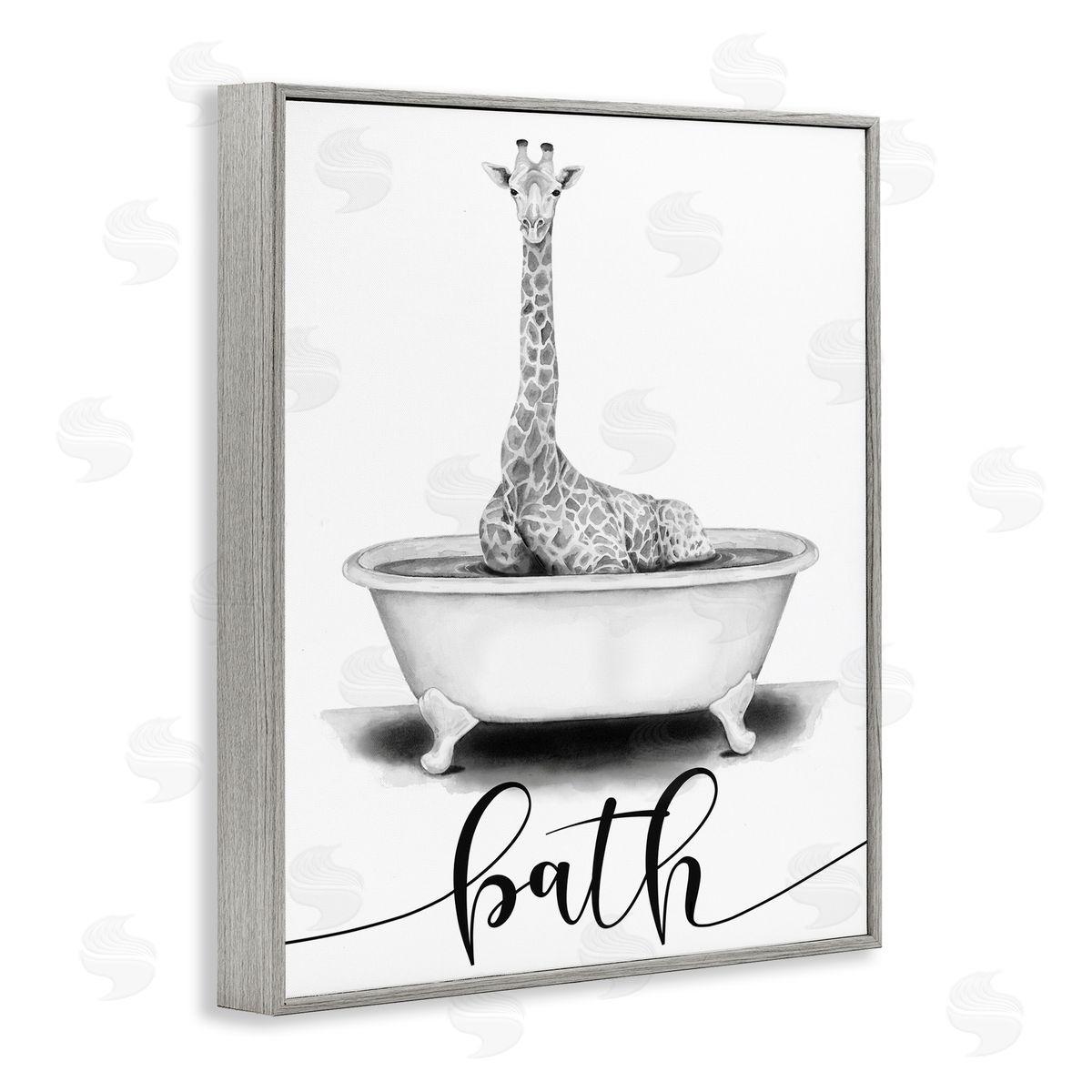 Giraffe Bathtub with Bath Text Grey Frame Print Wall Art, Home Decor by Rachel Nieman