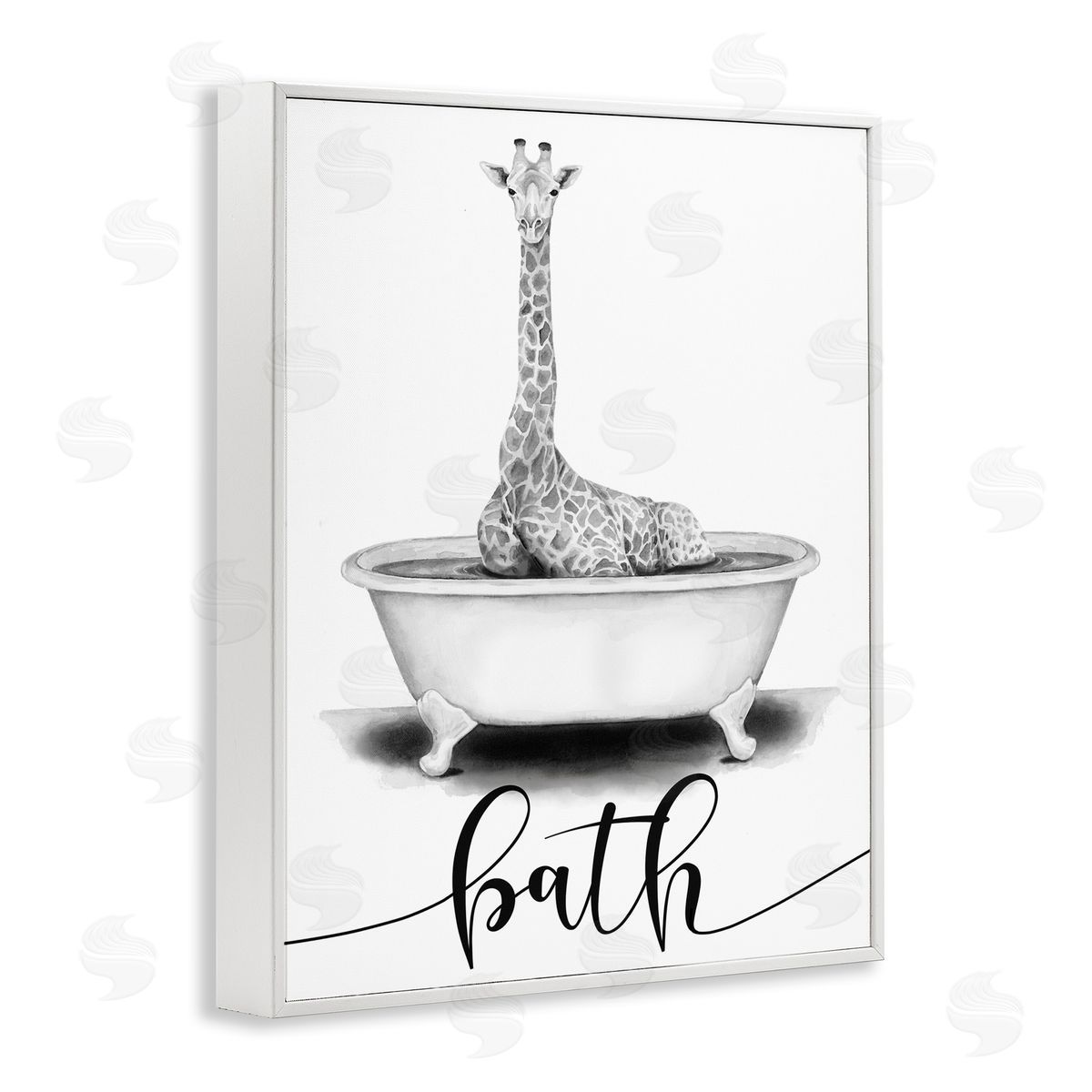 Giraffe Bathtub with Bath Text White Frame Print Wall Art, Home Decor by Rachel Nieman