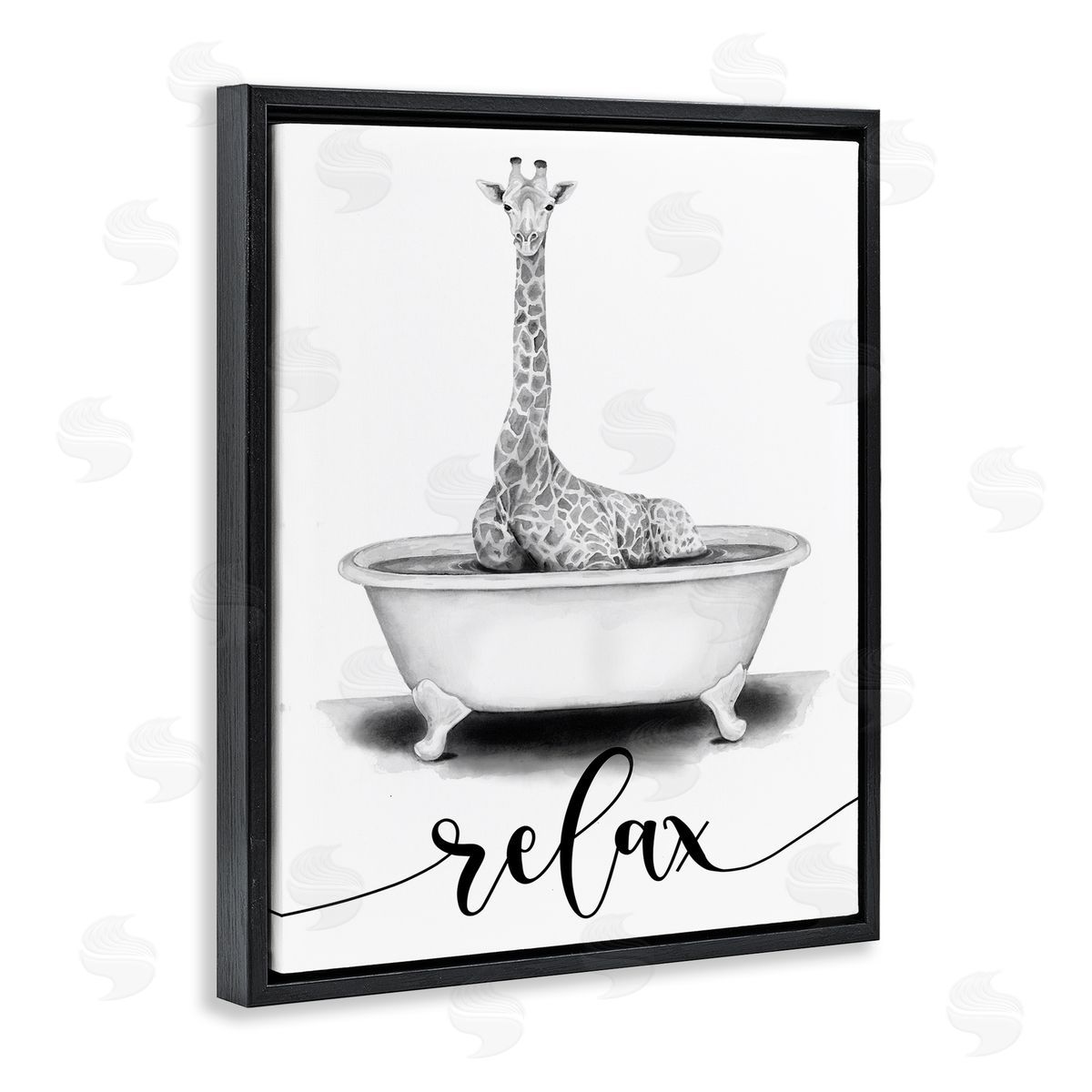 Giraffe Bathtub with Relax Text Black Floating Frame Canvas Wall Art, Home Decor by Rachel Nieman