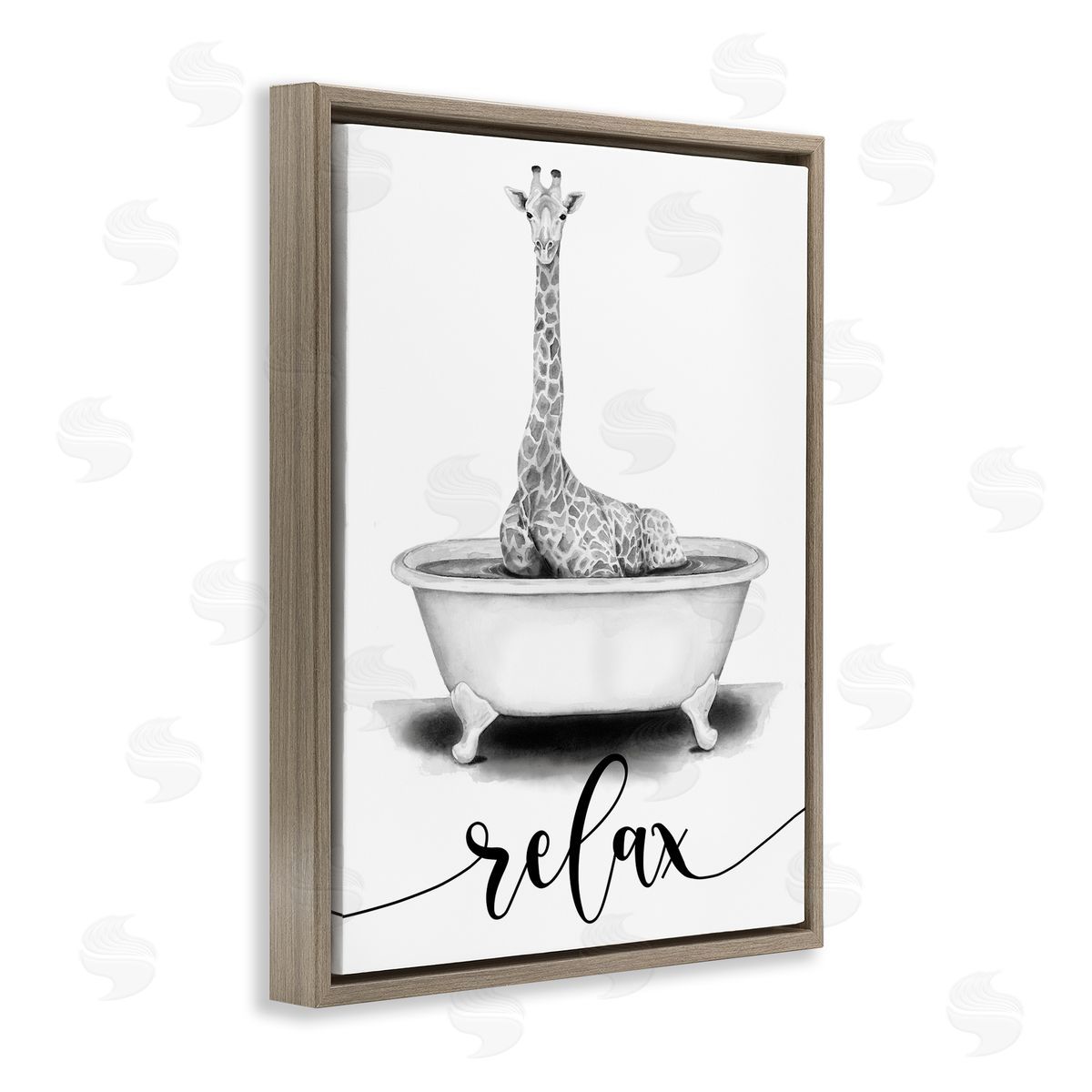 Giraffe Bathtub with Relax Text Brown Floating Frame Canvas Wall Art, Home Decor by Rachel Nieman