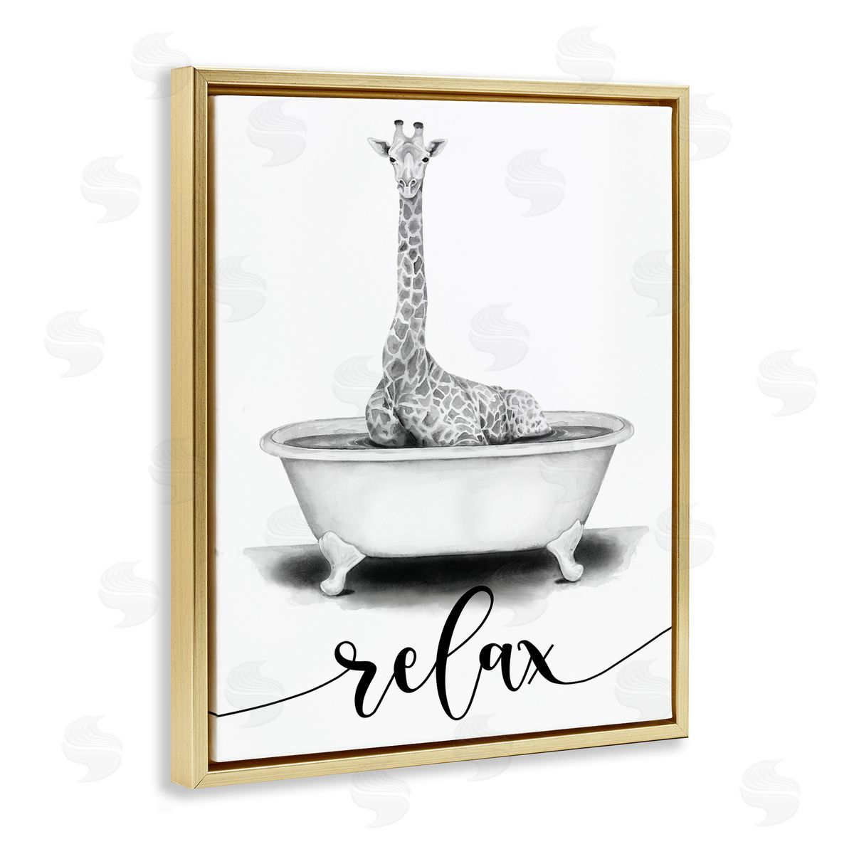 Giraffe Bathtub with Relax Text Gold Floating Frame Canvas Wall Art, Home Decor by Rachel Nieman