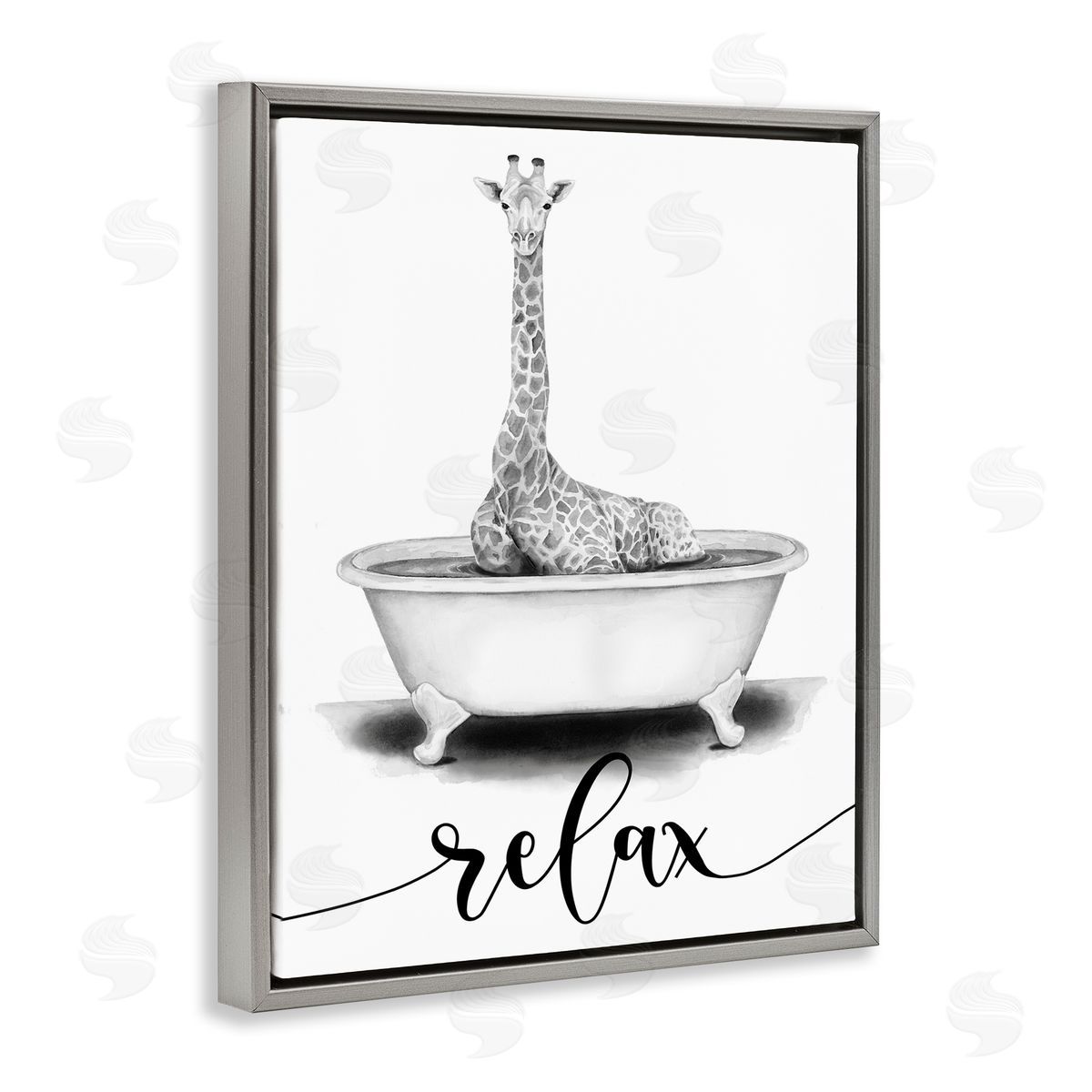 Giraffe Bathtub with Relax Text Grey Floating Frame Canvas Wall Art, Home Decor by Rachel Nieman