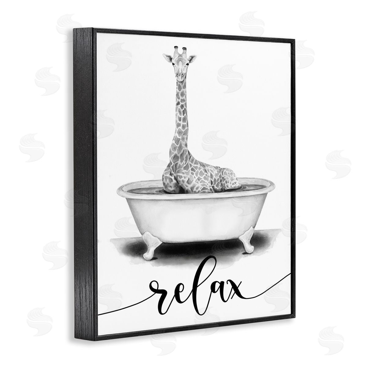 Giraffe Bathtub with Relax Text Black Frame Print Wall Art, Home Decor by Rachel Nieman