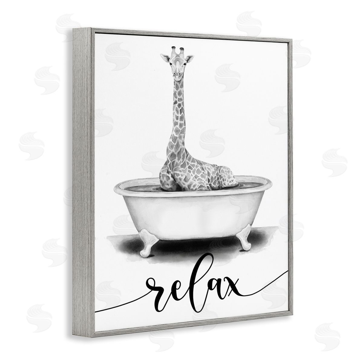 Giraffe Bathtub with Relax Text Grey Frame Print Wall Art, Home Decor by Rachel Nieman