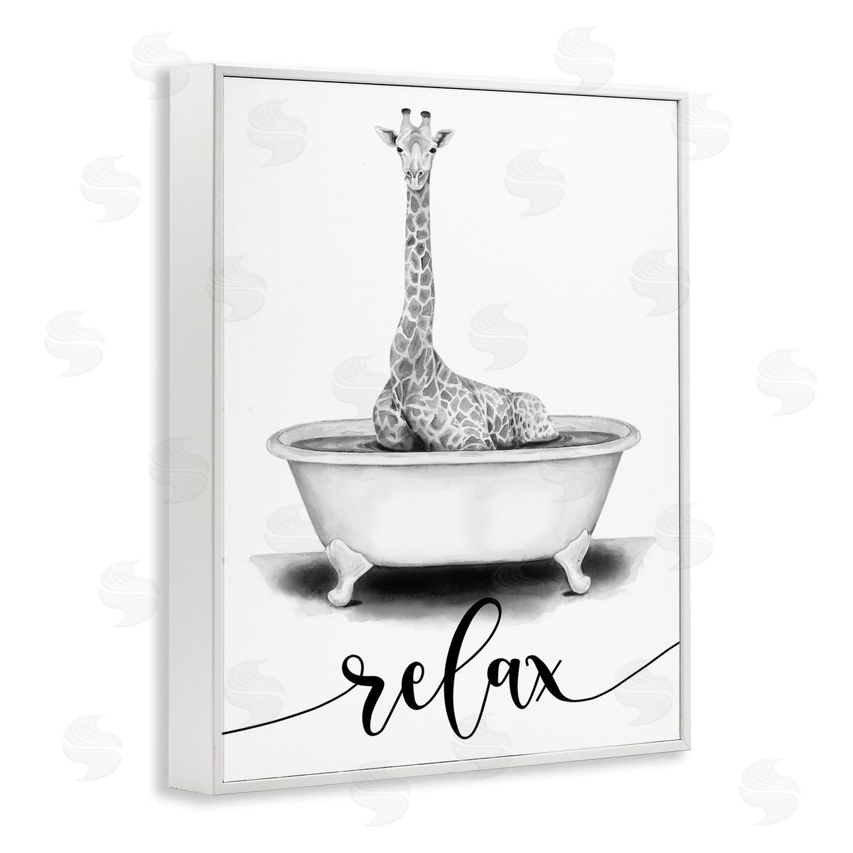Giraffe Bathtub with Relax Text White Frame Print Wall Art, Home Decor by Rachel Nieman
