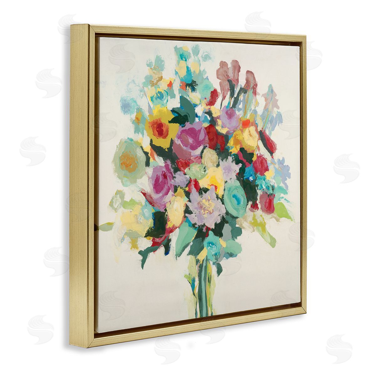 Abstract Spring Flower Bouquet Gold Floating Frame Canvas Wall Art, Home Decor by Randy Hibberd
