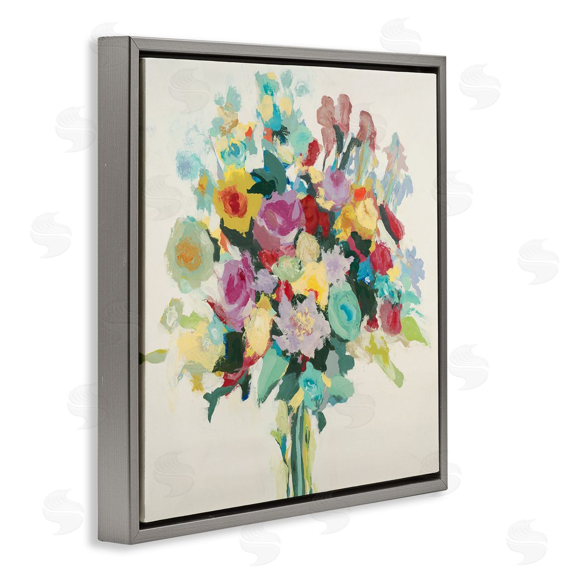 Abstract Spring Flower Bouquet Grey Floating Frame Canvas Wall Art, Home Decor by Randy Hibberd