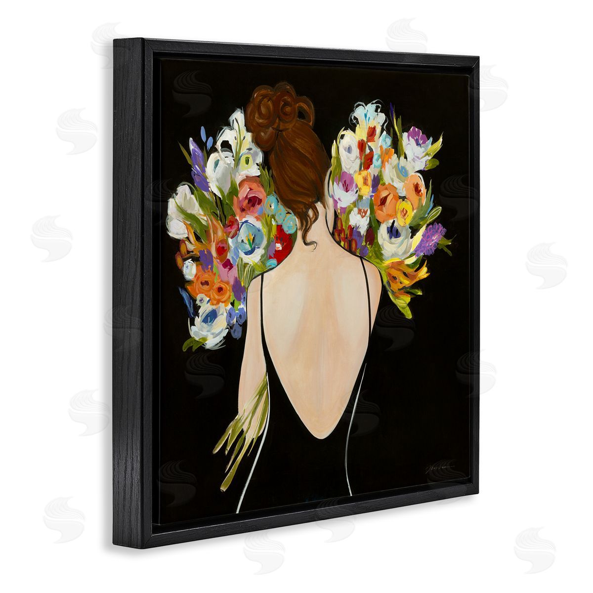 Woman with Flower Bouquets Black Floating Frame Canvas Wall Art, Home Decor by Liz Jardine