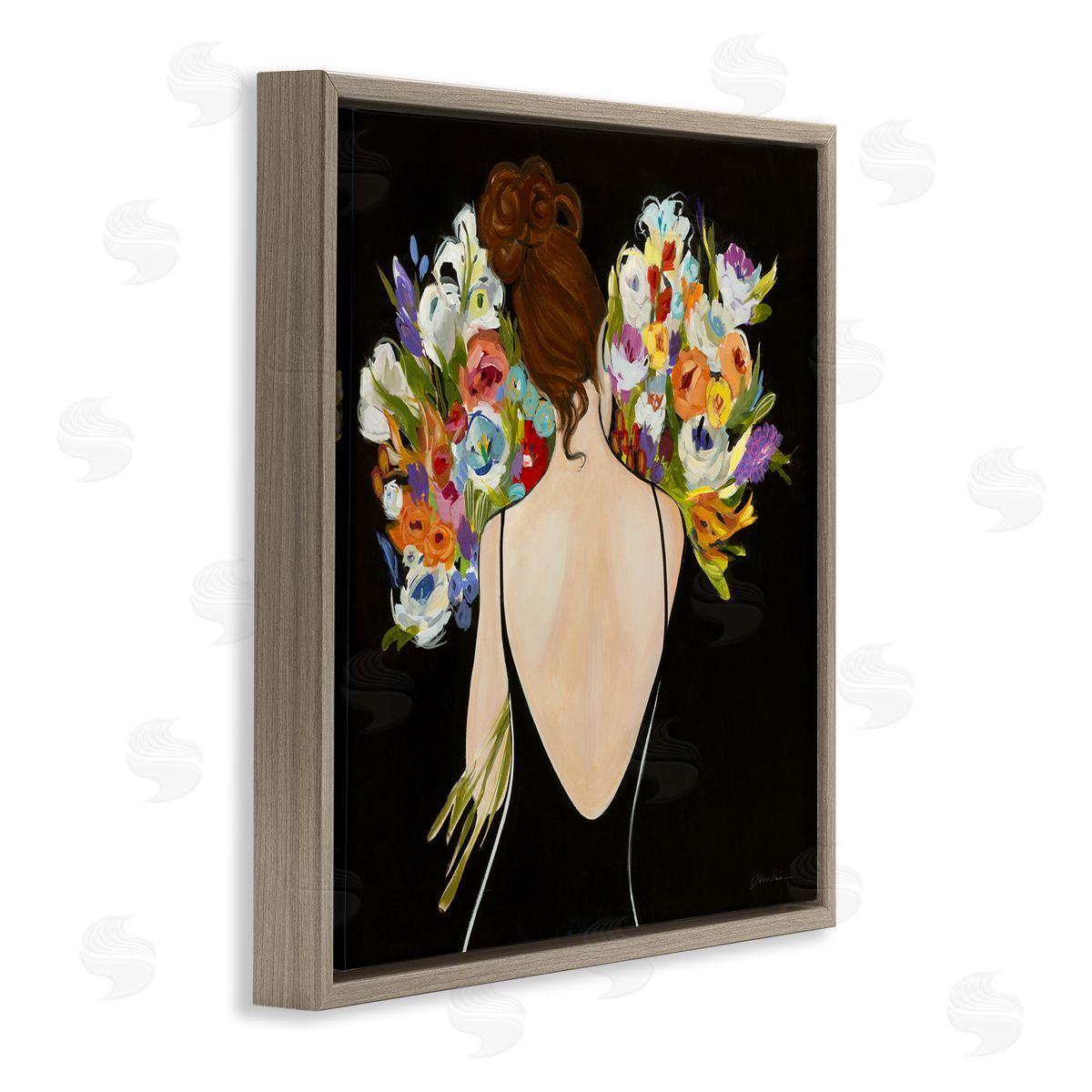 Woman with Flower Bouquets Brown Floating Frame Canvas Wall Art, Home Decor by Liz Jardine
