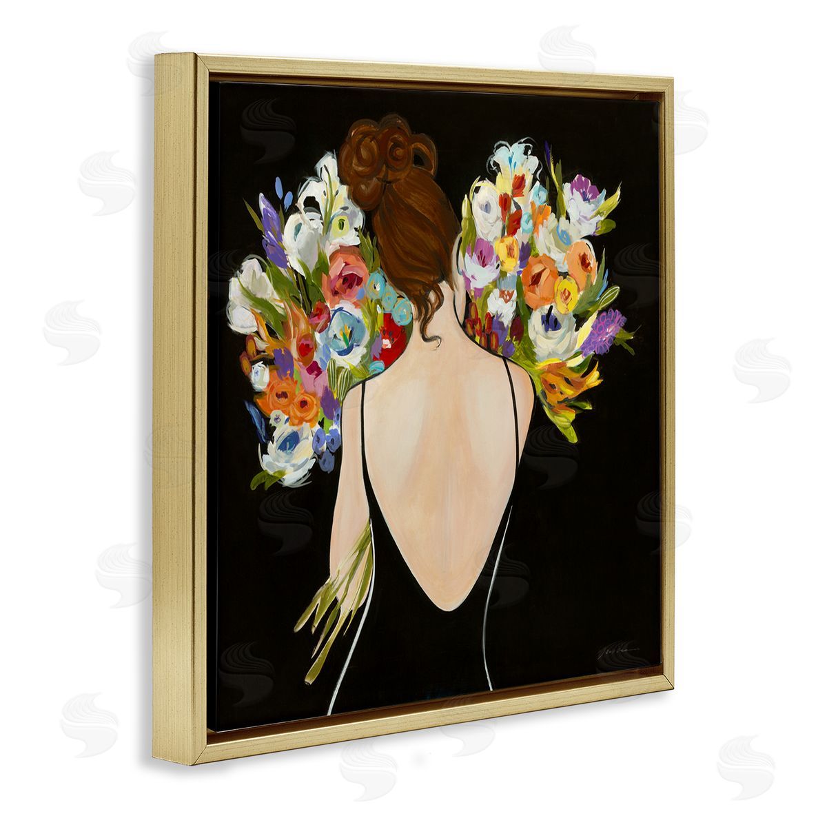 Woman with Flower Bouquets Gold Floating Frame Canvas Wall Art, Home Decor by Liz Jardine