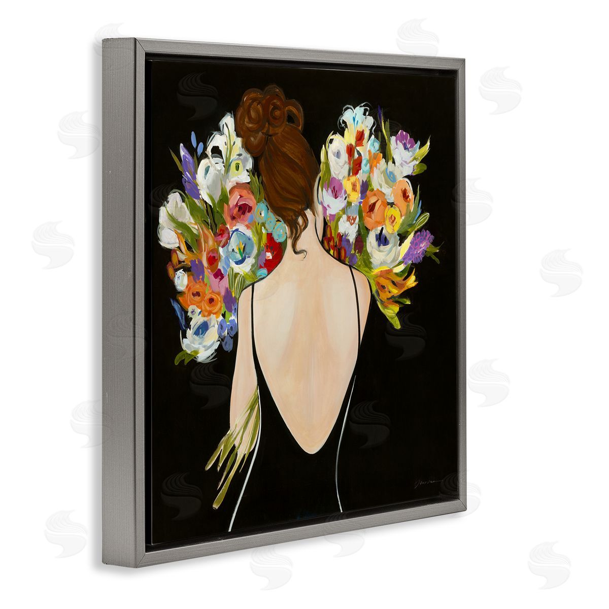 Woman with Flower Bouquets Grey Floating Frame Canvas Wall Art, Home Decor by Liz Jardine