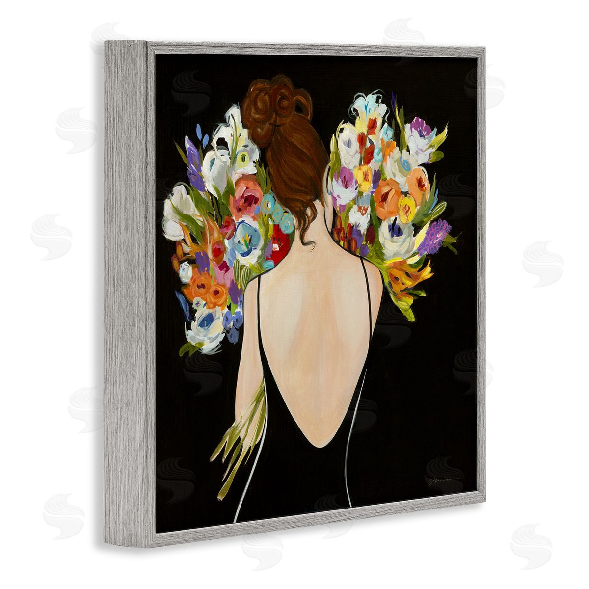 Woman with Flower Bouquets Grey Frame Print Wall Art, Home Decor by Liz Jardine