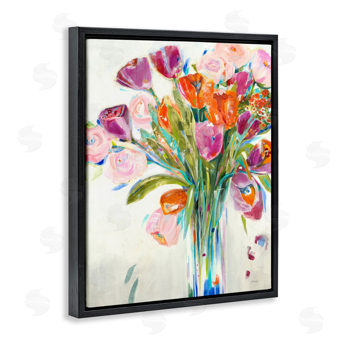 Rose and Tulip Floral Bouquet Black Floating Frame Canvas Wall Art, Home Decor by Jill Martin