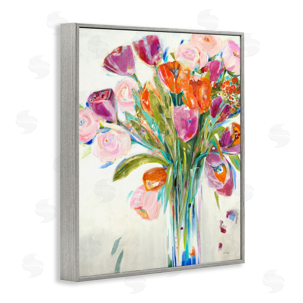 Rose and Tulip Floral Bouquet Grey Frame Print Wall Art, Home Decor by Jill Martin