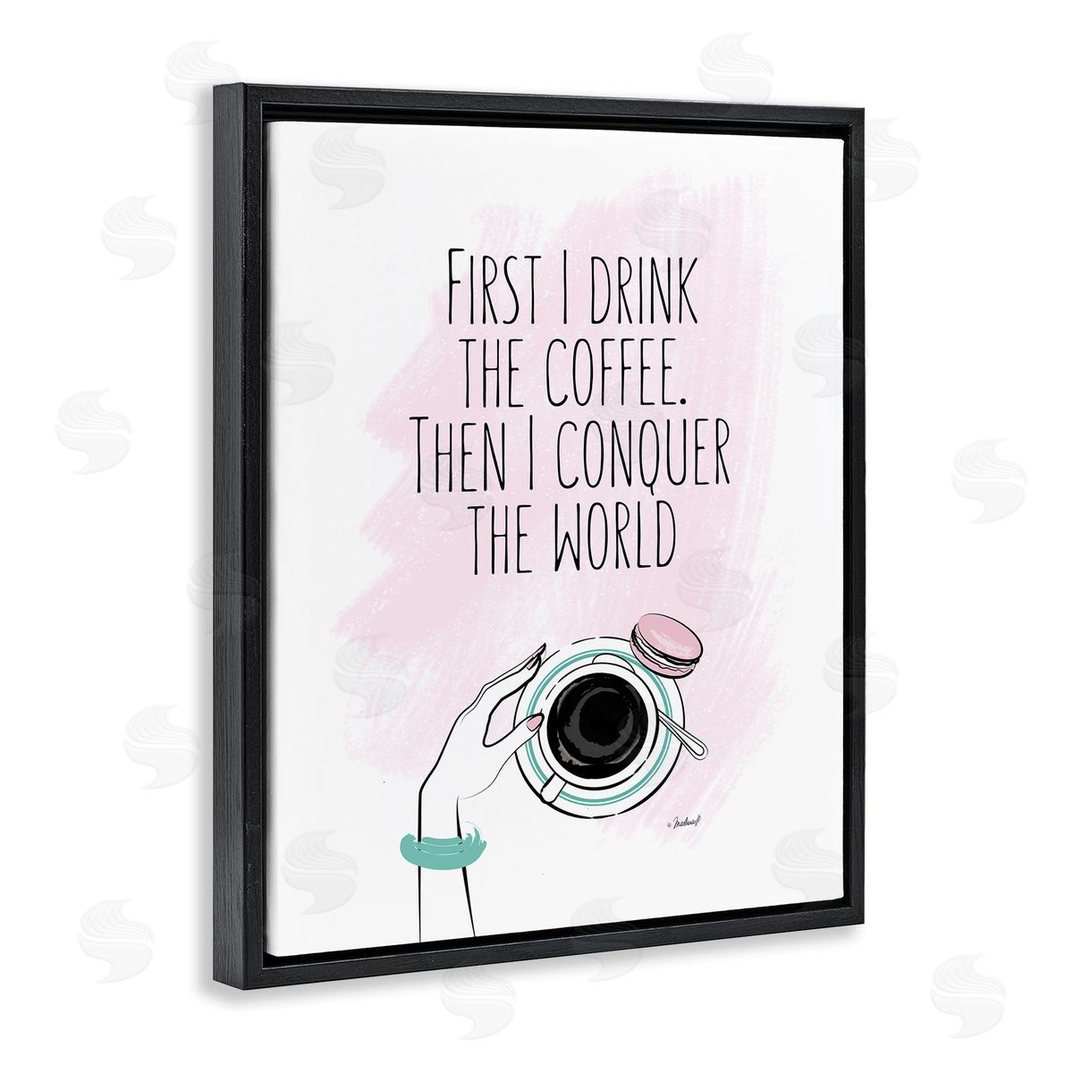 Coffee Then Conquer Pink Black Floating Frame Canvas Wall Art, Home Decor by Martina Pavlova