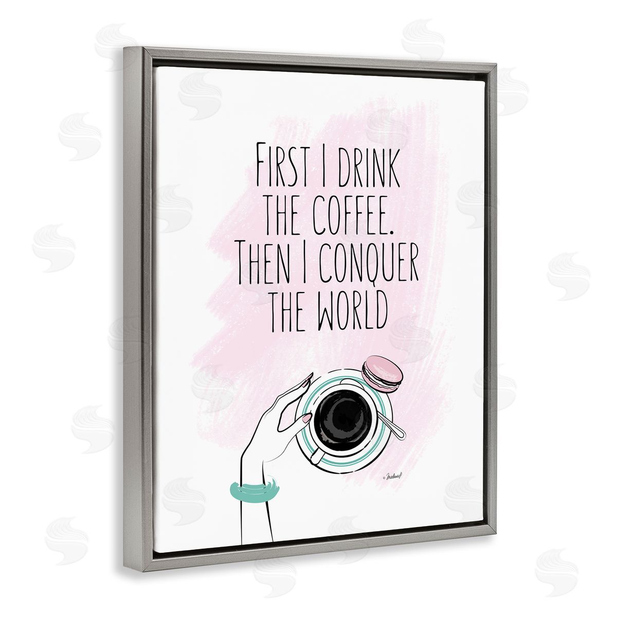 Coffee Then Conquer Pink Grey Floating Frame Canvas Wall Art, Home Decor by Martina Pavlova