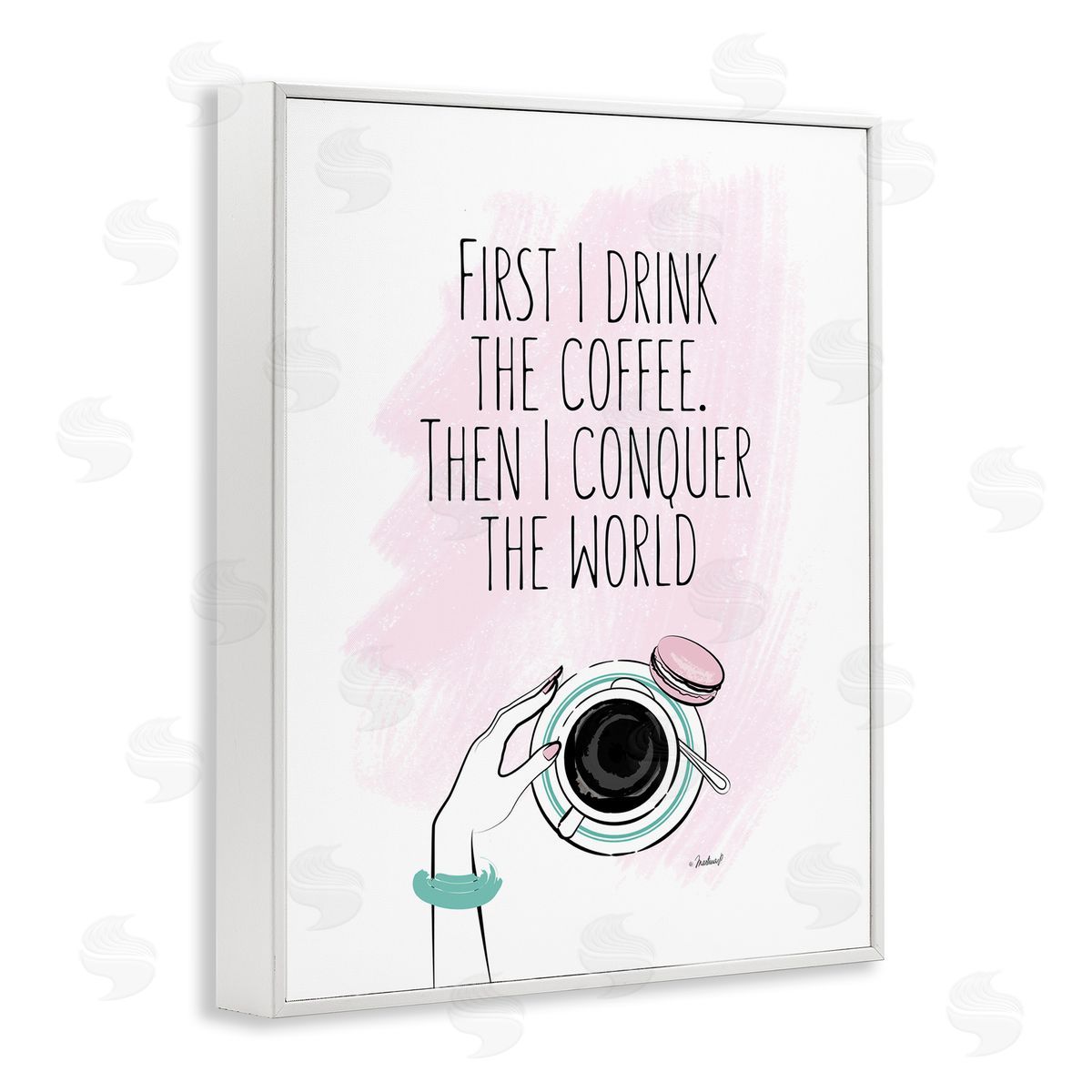 Coffee Then Conquer Pink White Frame Print Wall Art, Home Decor by Martina Pavlova