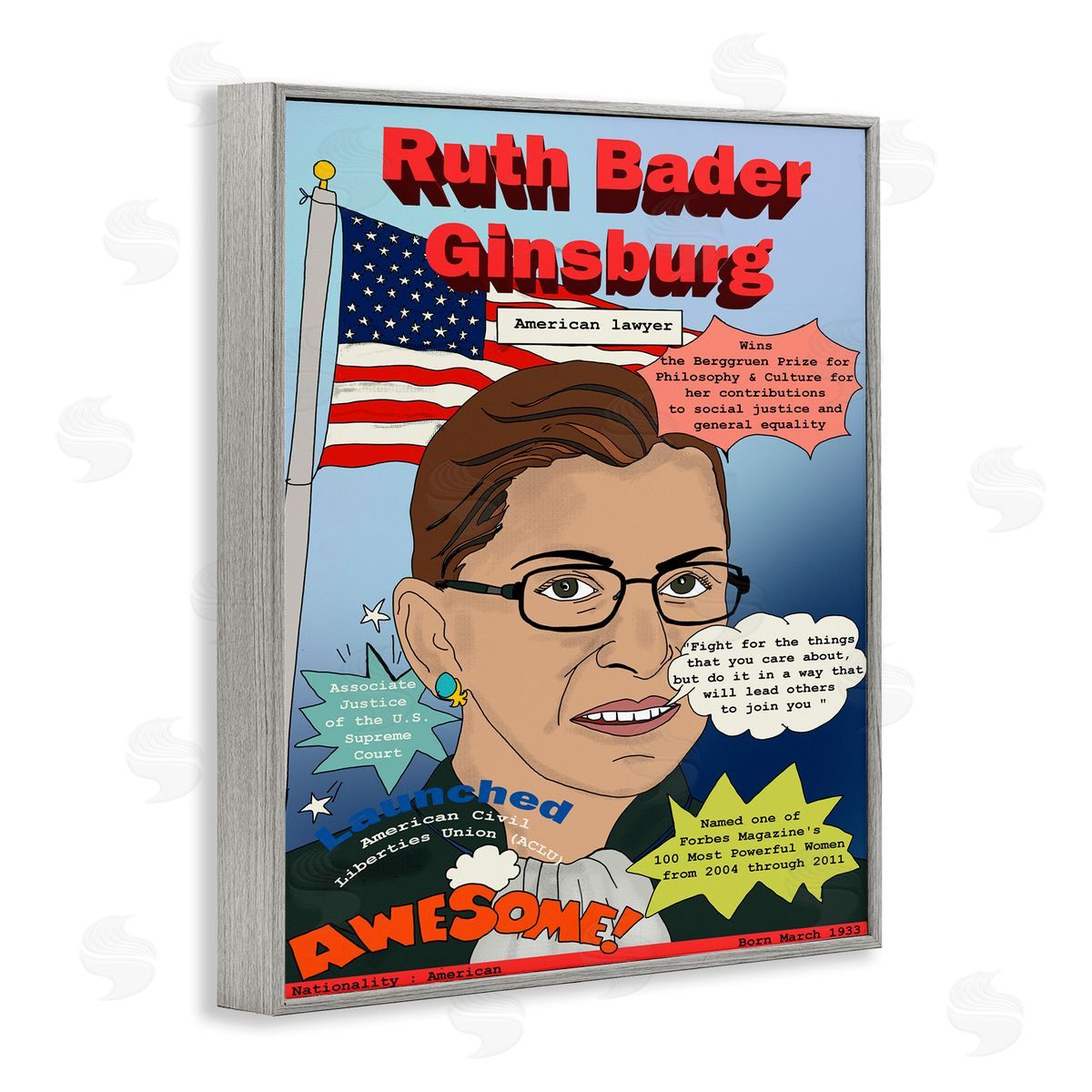 Bader Ginsburg Magazine Illustration Grey Frame Print Wall Art, Home Decor by Sangita Bachelet