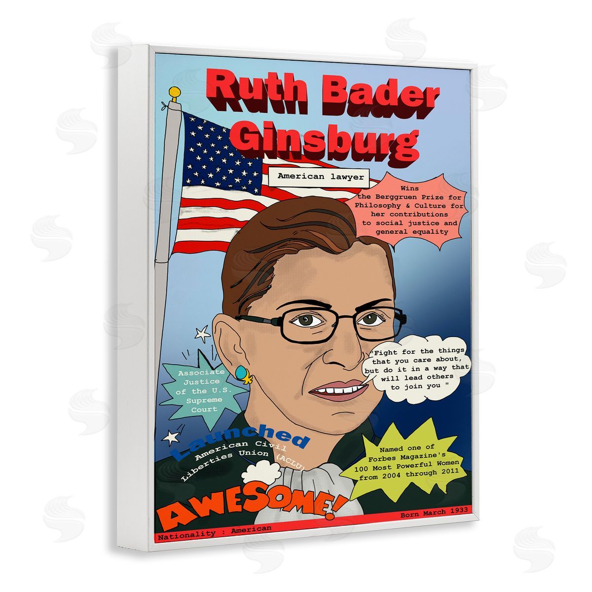 Bader Ginsburg Magazine Illustration White Frame Print Wall Art, Home Decor by Sangita Bachelet