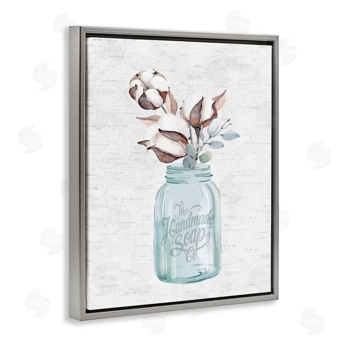 Cotton Flower in Soap Jar Grey Floating Frame Canvas Wall Art, Home Decor by Lettered and Lined