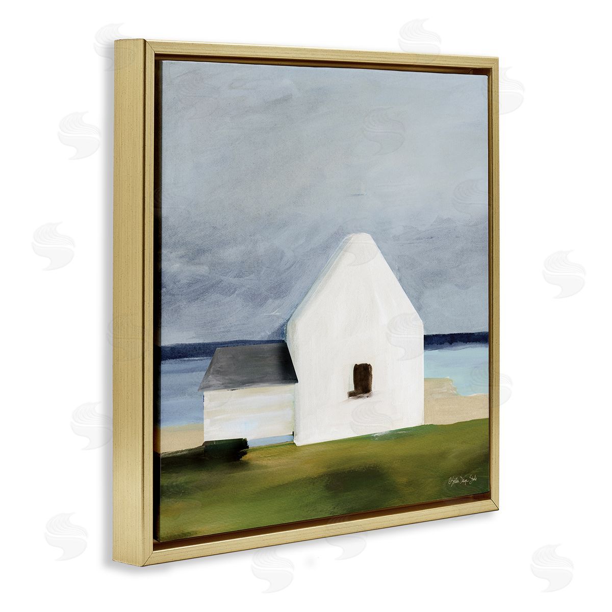 Cape Cottage under Grey Sky Gold Floating Frame Canvas Wall Art, Home Decor by Stellar Studio