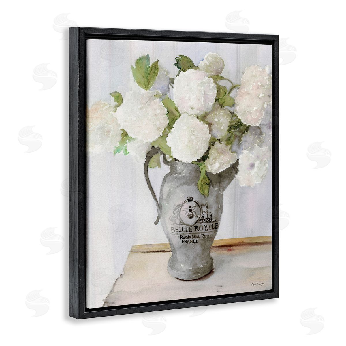 Hydrangea in French Pitcher Black Floating Frame Canvas Wall Art, Home Decor by Stellar Studio