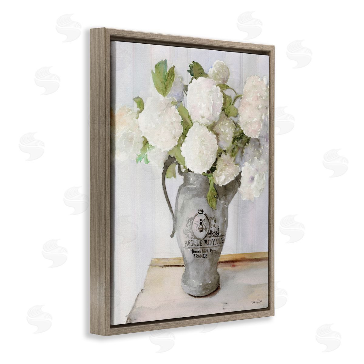 Hydrangea in French Pitcher Brown Floating Frame Canvas Wall Art, Home Decor by Stellar Studio