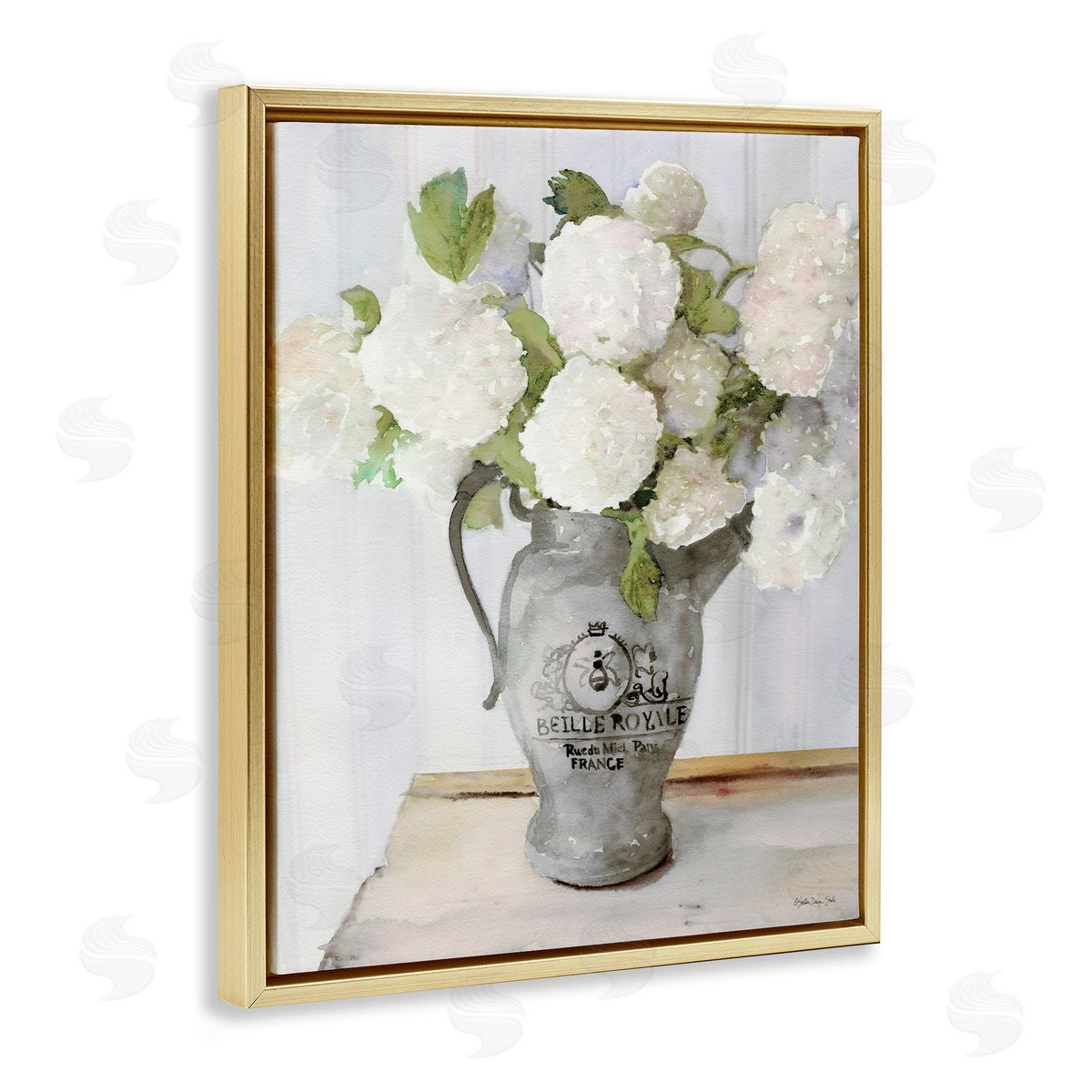 Hydrangea in French Pitcher Gold Floating Frame Canvas Wall Art, Home Decor by Stellar Studio