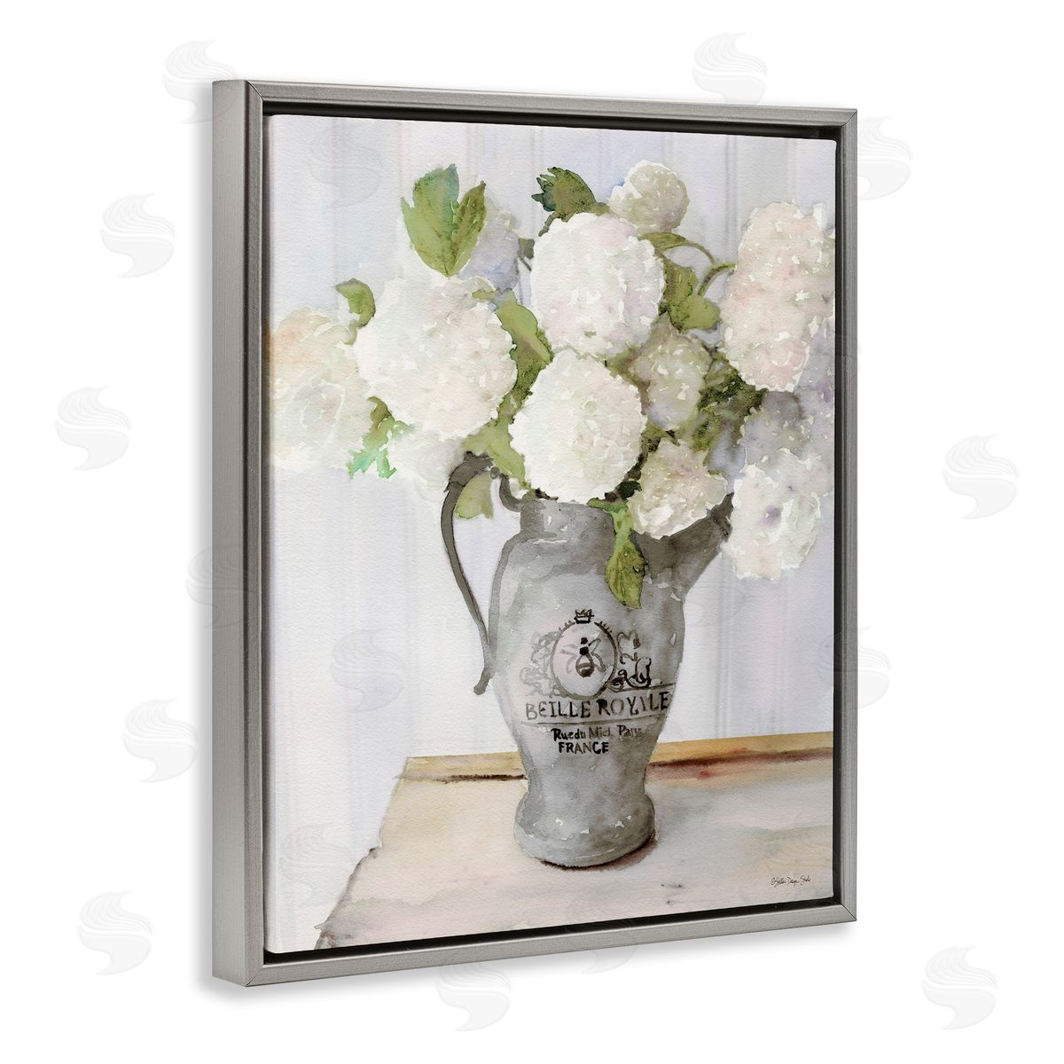 Hydrangea in French Pitcher Grey Floating Frame Canvas Wall Art, Home Decor by Stellar Studio