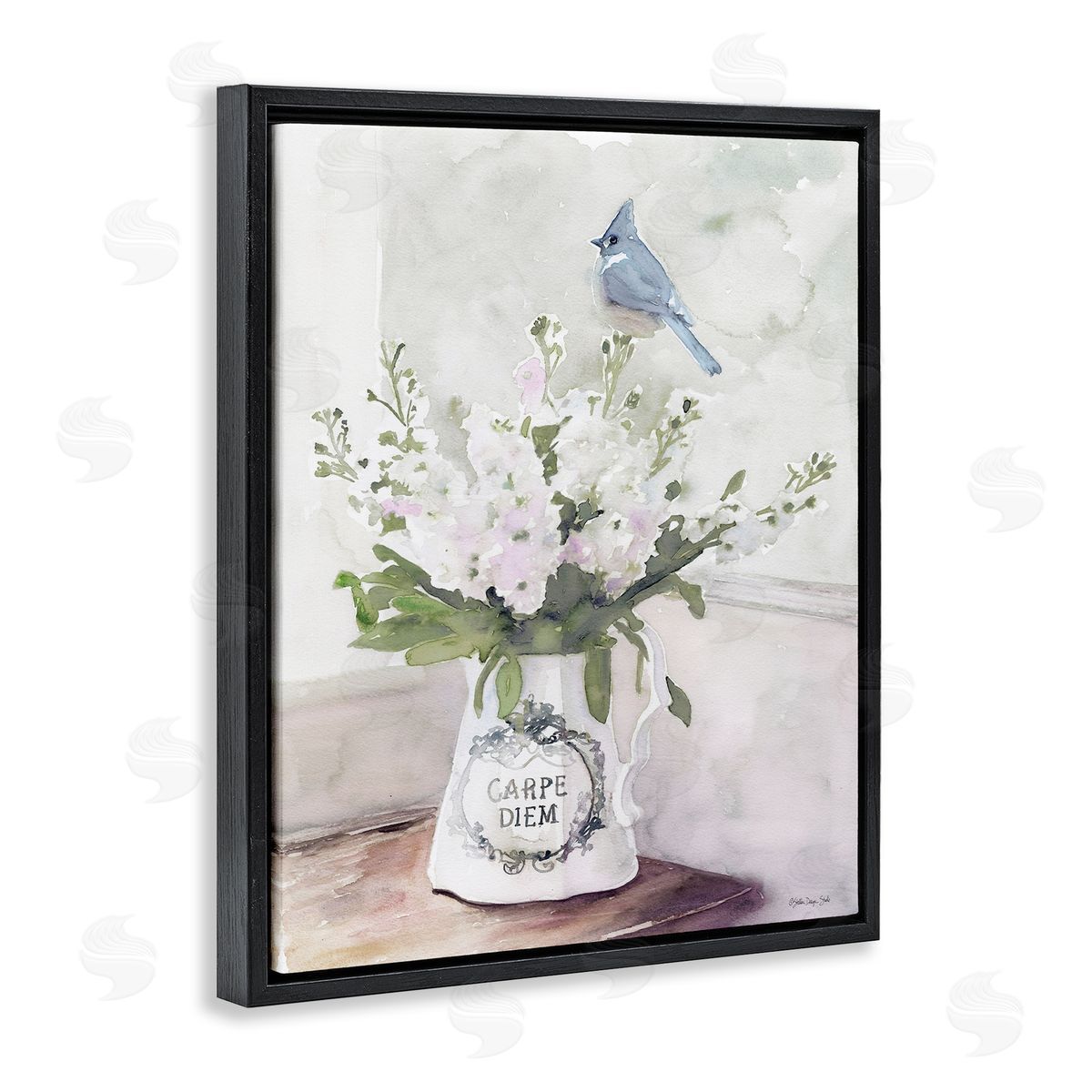 Blue Cardinal on Spring Bouquet Black Floating Frame Canvas Wall Art, Home Decor by Stellar Studio