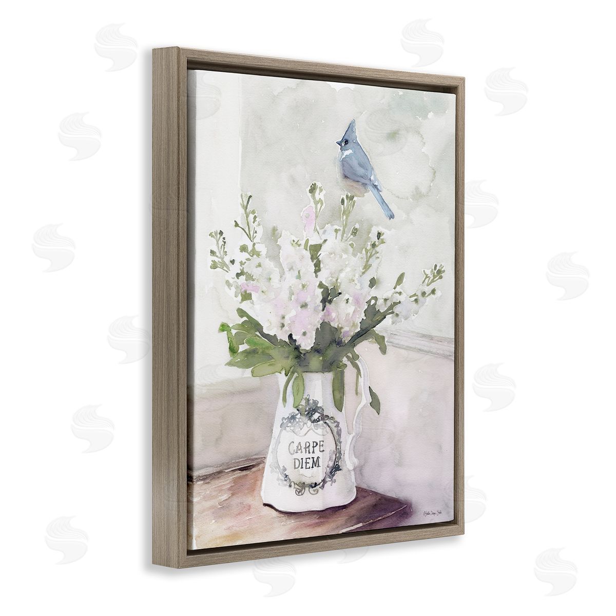 Blue Cardinal on Spring Bouquet Brown Floating Frame Canvas Wall Art, Home Decor by Stellar Studio