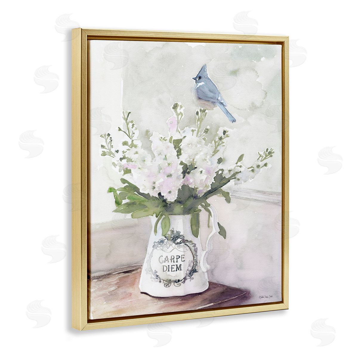Blue Cardinal on Spring Bouquet Gold Floating Frame Canvas Wall Art, Home Decor by Stellar Studio