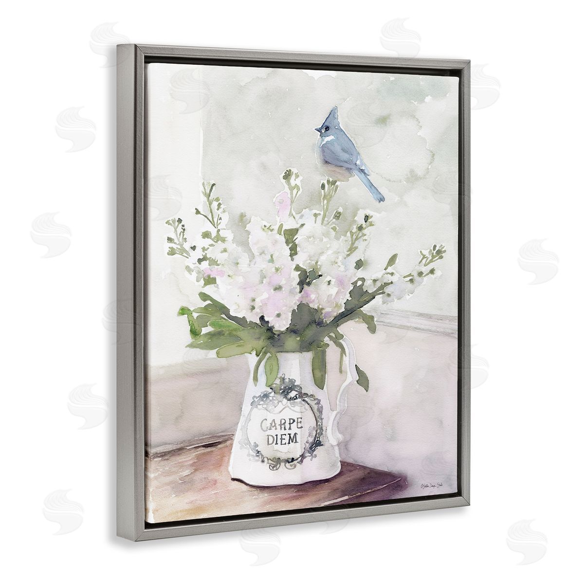 Blue Cardinal on Spring Bouquet Grey Floating Frame Canvas Wall Art, Home Decor by Stellar Studio