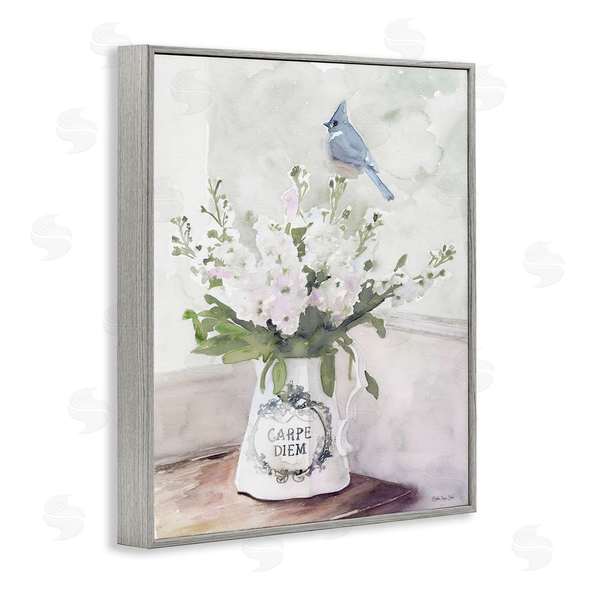 Blue Cardinal on Spring Bouquet Grey Frame Print Wall Art, Home Decor by Stellar Studio