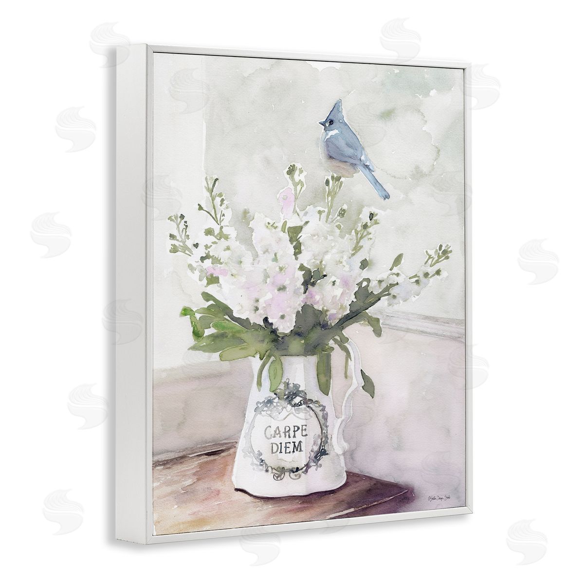 Blue Cardinal on Spring Bouquet White Frame Print Wall Art, Home Decor by Stellar Studio
