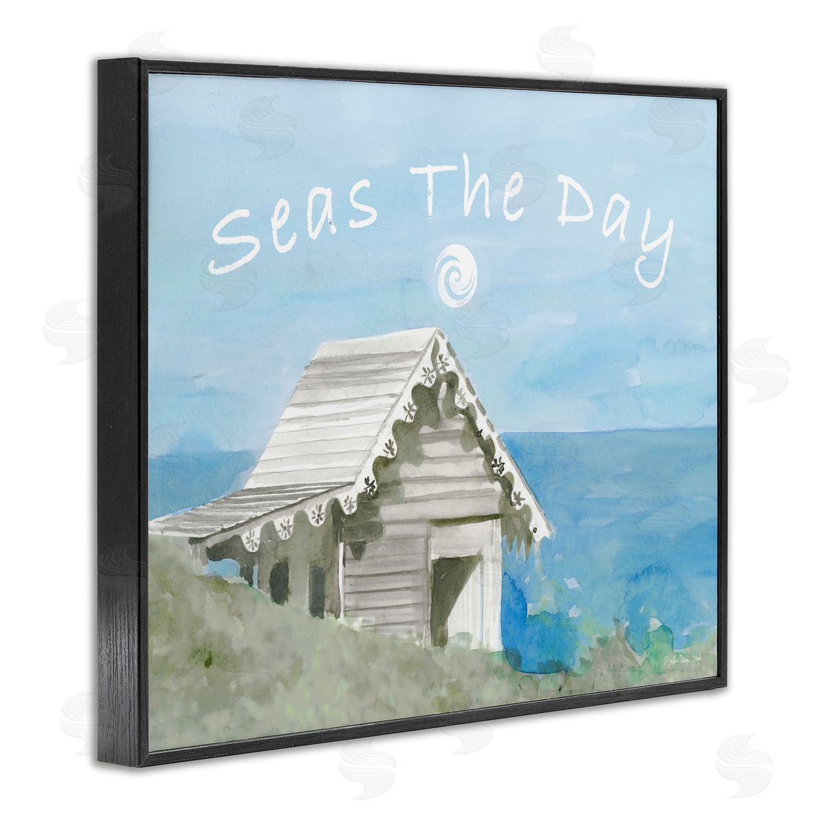 Seas the Day Beach Cottage Black Frame Print Wall Art, Home Decor by Stellar Studio