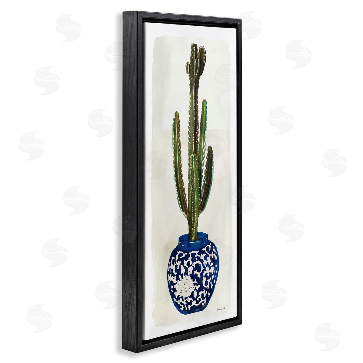 Cacti in Ornate Blue Pot Black Floating Frame Canvas Wall Art, Home Decor by Stellar Studio