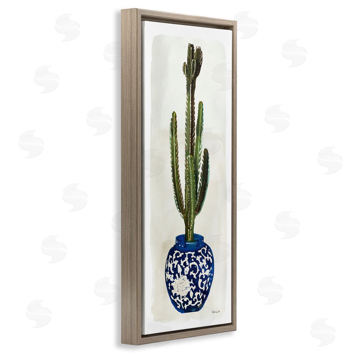 Cacti in Ornate Blue Pot Brown Floating Frame Canvas Wall Art, Home Decor by Stellar Studio