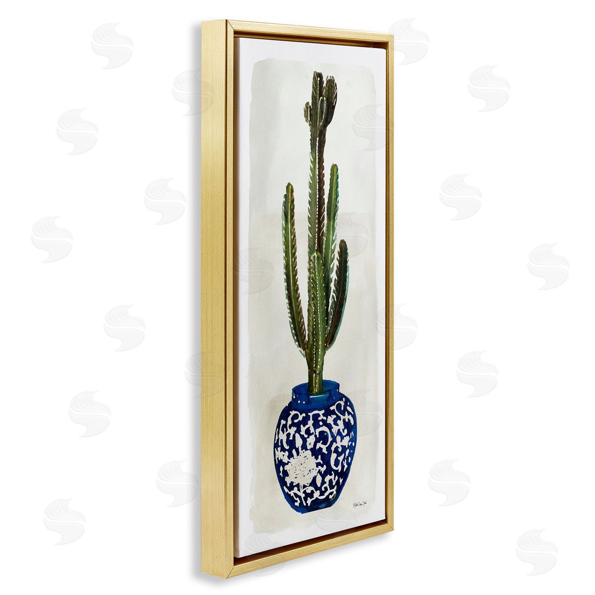 Cacti in Ornate Blue Pot Gold Floating Frame Canvas Wall Art, Home Decor by Stellar Studio