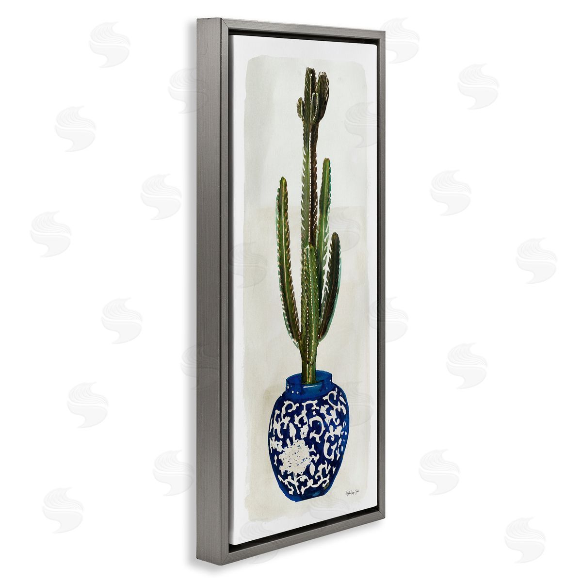 Cacti in Ornate Blue Pot Grey Floating Frame Canvas Wall Art, Home Decor by Stellar Studio