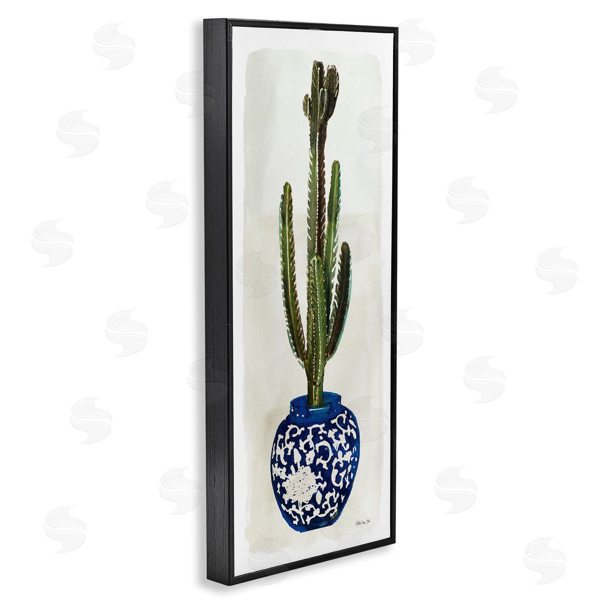Cacti in Ornate Blue Pot Black Frame Print Wall Art, Home Decor by Stellar Studio