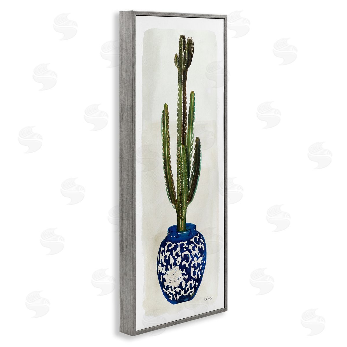 Cacti in Ornate Blue Pot Grey Frame Print Wall Art, Home Decor by Stellar Studio