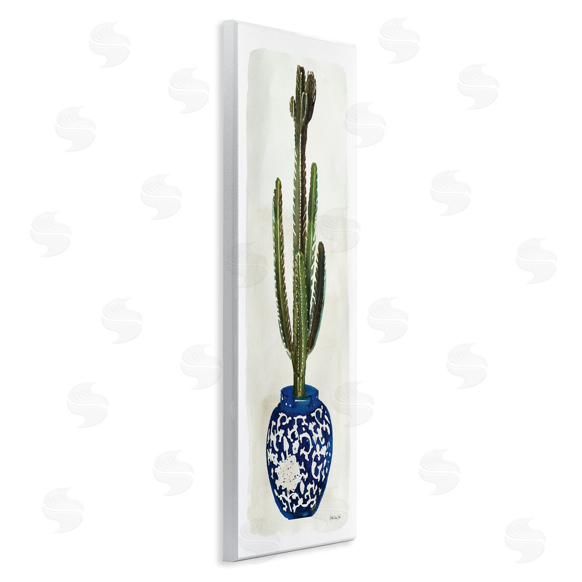 Cacti in Ornate Blue Pot Wood Plaque Wall Art, Home Decor by Stellar Studio